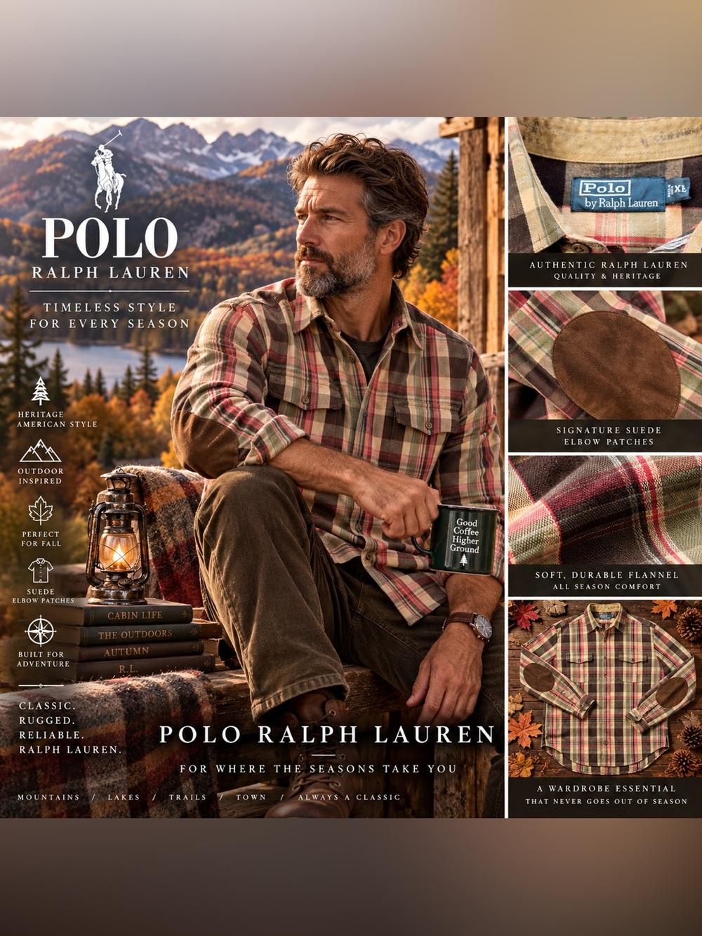 Polo Ralph Lauren XL Plaid Flannel Shirt Suede Elbow Patches Heritage Outdoors